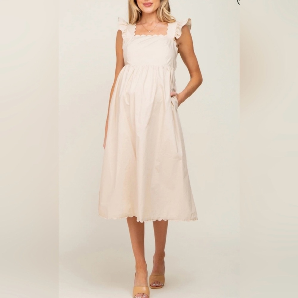 PinkBlush Beige Scallop Flutter Sleeve Maternity Dress